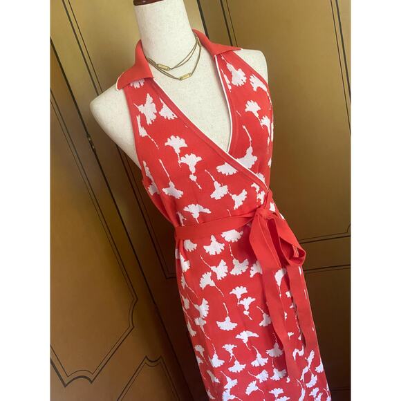 Diane von Furstenberg orange wrap dress with ginko leaves, size L - Picture 6 of 7